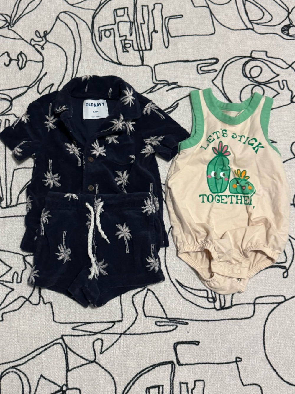 Old Navy Navy Palm-Print Baby Romper & Cream Cactus Tank Set